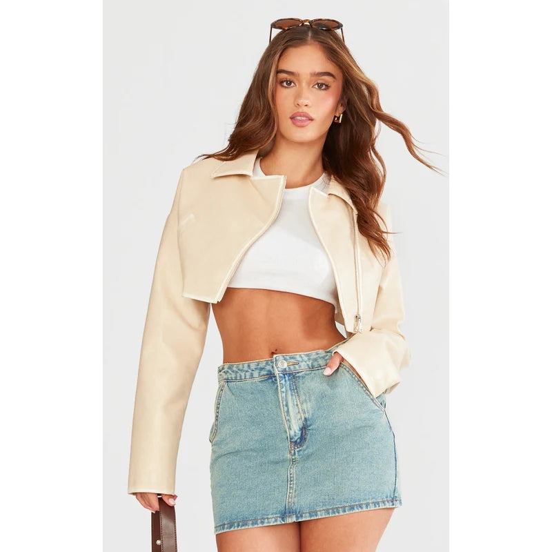 Cropped Boxy Cream Worn Leather Jacket Graphic T-Shirt Round Neck Polyester