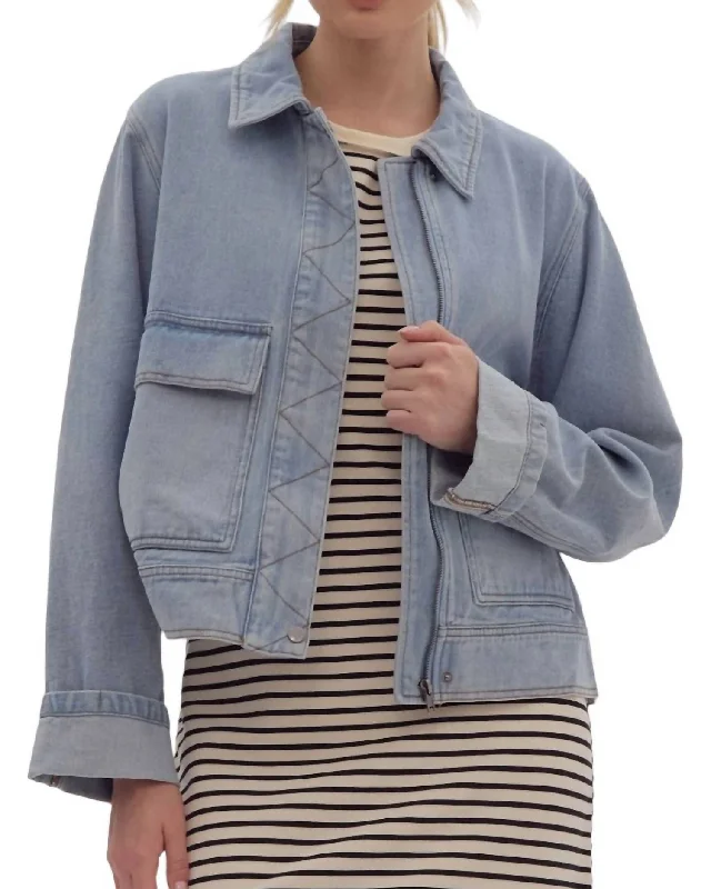 Denim Jacket With Patch Pockets V-Neck T-Shirt Long Sleeve Cotton