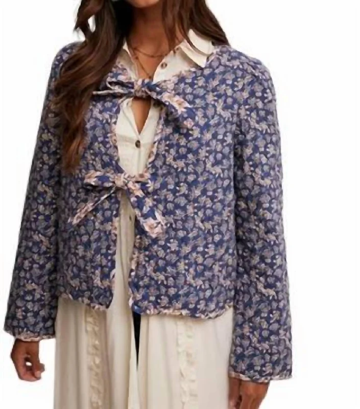 Ditzy Floral Print Front Bow Tie Quilt Jacket In Navy Rayon Velvet Corduroy