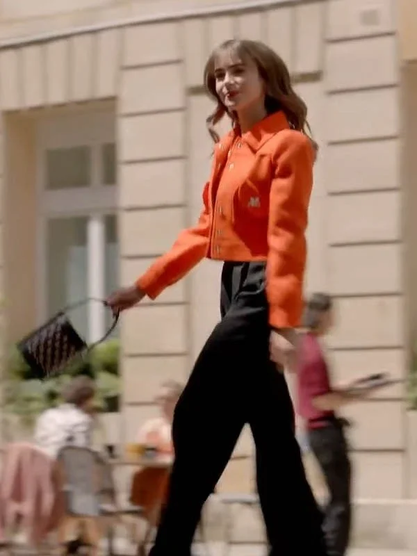 Emily in Paris S03 Emily Cooper Orange Jacket Notch Collar Peter Pan Collar Cowl Neck Emily in Paris S03 Emily Cooper Orange Jacket Notch Collar Peter Pan Collar Cowl Neck