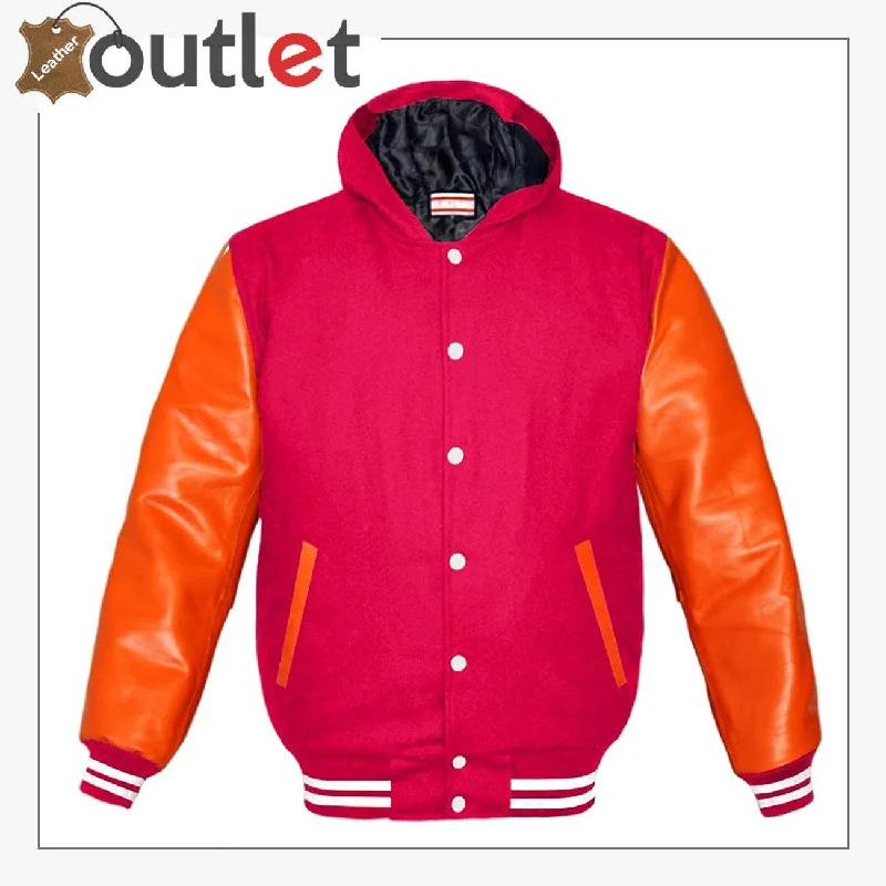 Genuine Orange Leather Varsity Jacket For Women Faux Fur Fabric Real Fur Fabric Shearling Fabric