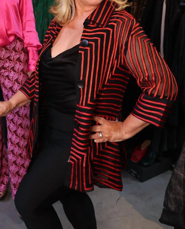 Geometric Jacket In Red/black Denim Fabric Leather Fabric Suede Fabric