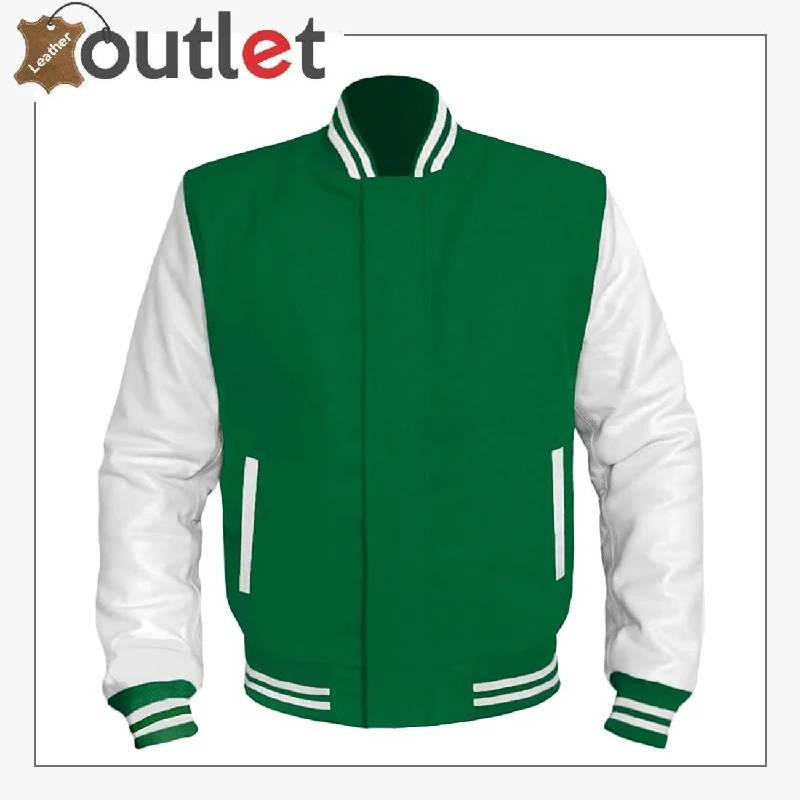 GREEN Wool & White Leather Varsity Jacket For Women Boxy Fit Fitted Loose