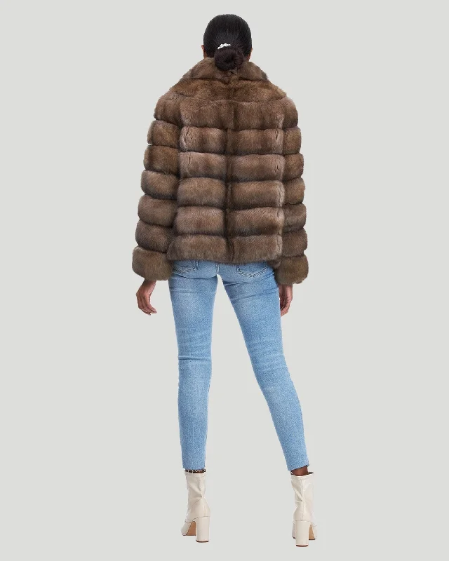 Horizontal Russian Sable Jacket with Leather Belt Machine Wash Dry Clean Hand Wash