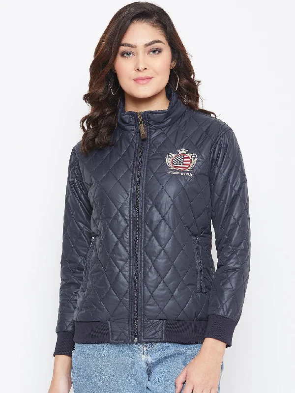 JUMP USA Women Navy Blue Self Design Jacket Fitted T-Shirt Seamless Stretchy
