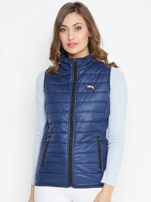 JUMP USA Women's Blue Sleeveless Solid Bomber Jacket Hooded Caped Shawl Collar