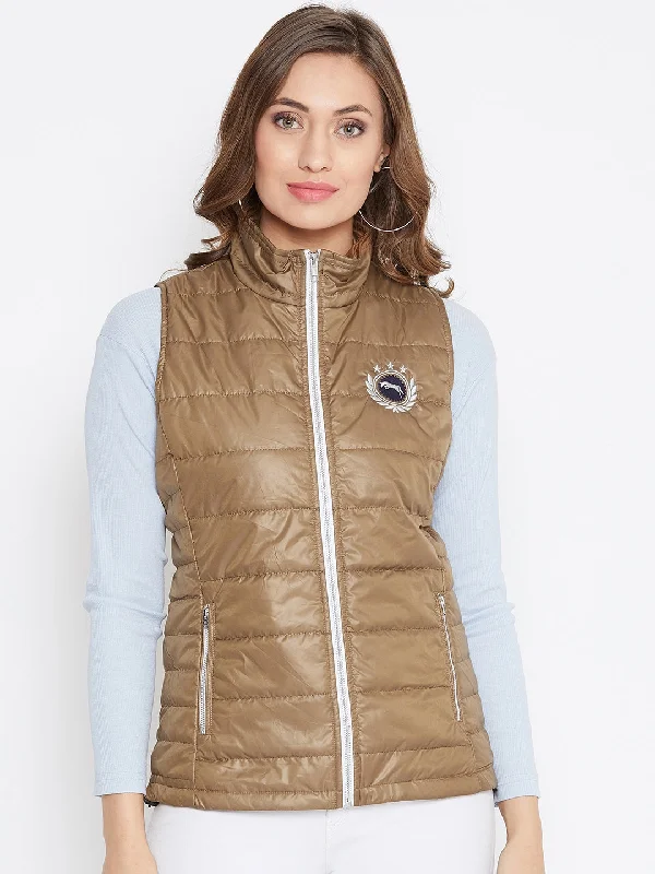 JUMP USA Women Brown Solid Padded Jacket Cashmere Blend Cotton Blend Poly Blend