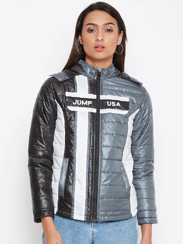 JUMP USA Women Grey Colourblocked Bomber Jacket Anti-Pilling Machine Wash Handmade
