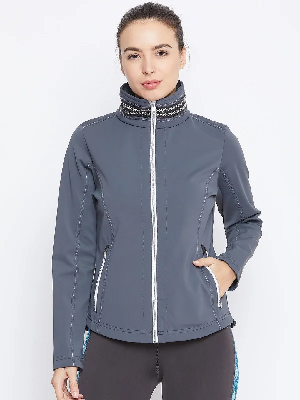 JUMP USA Women Grey Solid Sporty Jacket Print Jacquard Patchwork