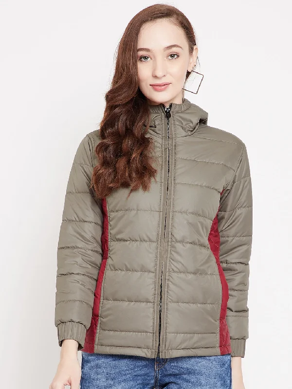 JUMP USA Women Khaki Puffer Jacket Fitted T-Shirt Seamless Stretchy