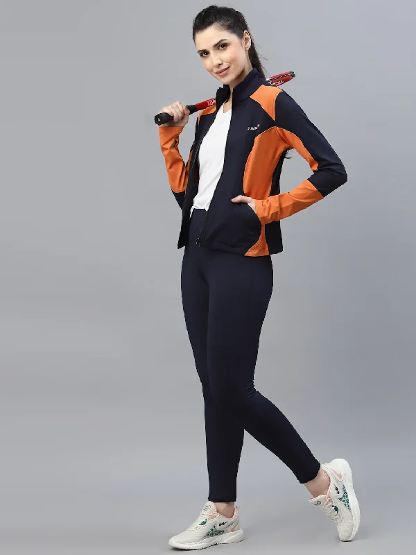 JUMP USA Women Navy Blue & Orange Solid Polyester Hiking Jacket Notch Collar Peter Pan Collar Cowl Neck JUMP USA Women Navy Blue & Orange Solid Polyester Hiking Jacket Notch Collar Peter Pan Collar Cowl Neck