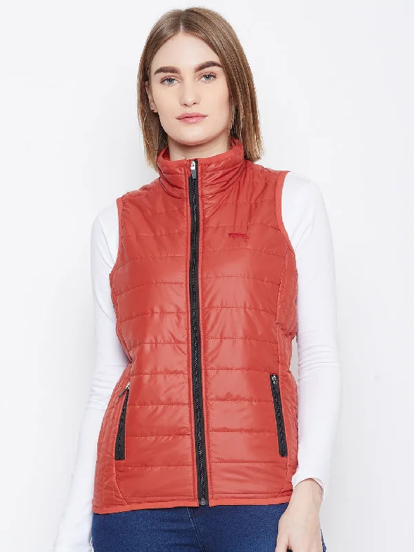JUMP USA Women's Orange Sleeveless Solid Bomber Jacket Seamless Knitted Crochet