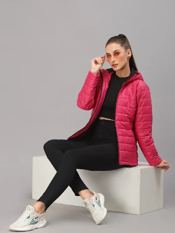 JUMP USA Women Pink Solid Active Wear Jacket With Hood Notch Collar Peter Pan Collar Cowl Neck JUMP USA Women Pink Solid Active Wear Jacket With Hood Notch Collar Peter Pan Collar Cowl Neck
