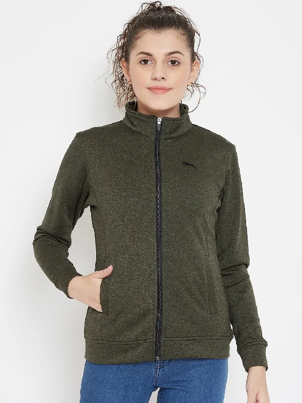 JUMP USA Women Solid Olive Active wear Jacket Solid Color Striped Floral