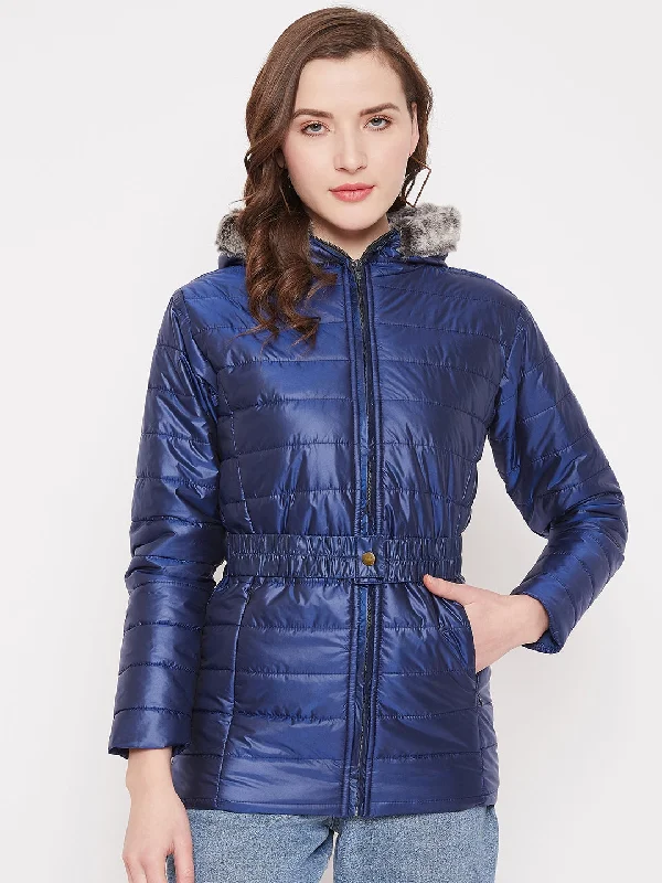 JUMP USA Womens Blue Hood Quilted Jacket Hooded Caped Shawl Collar