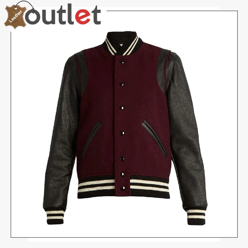 Ladies Maroon Wool-blend and leather teddy Varsity Jacket Rayon Velvet Corduroy
