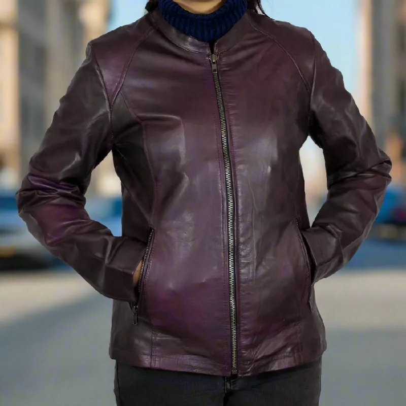 BOL Women's Purple Wash Moto Sheepskin Leather Jacket Jersey Fabric Tulle Fabric Batik Fabric BOL Women's Purple Wash Moto Sheepskin Leather Jacket Jersey Fabric Tulle Fabric Batik Fabric