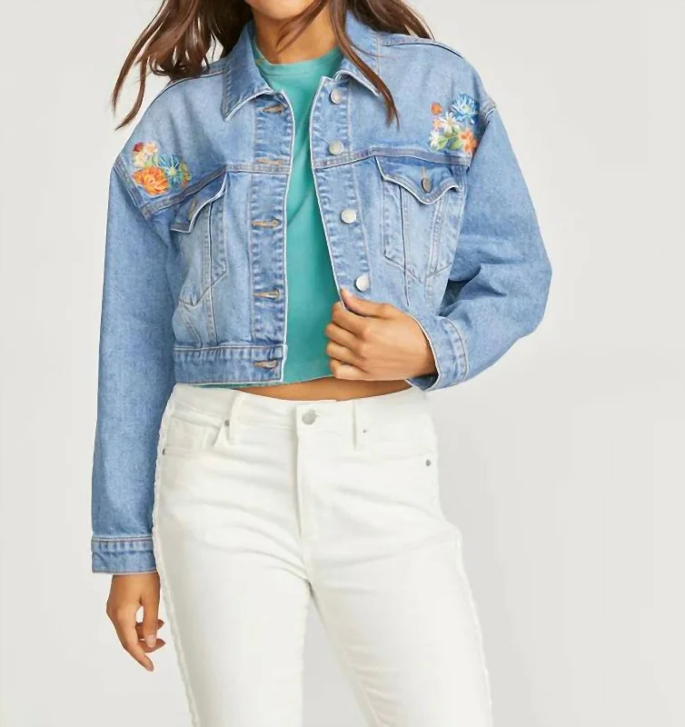 Le Bouquet Crop Denim Jacket In Blue Satin Fabric Silk Fabric Chiffon Fabric