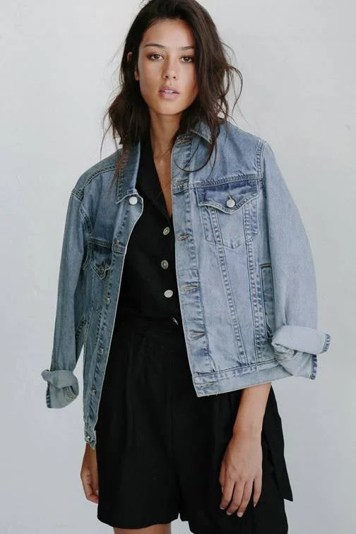 LITTLE LIES LABEL Womens Denim Jacket  - Vintage Blue Graphic Embroidered Appliqued