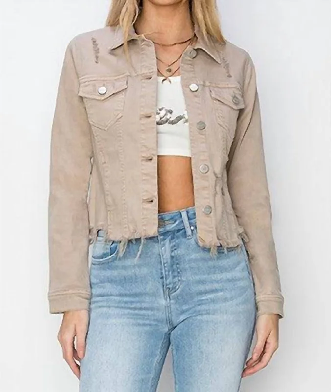 Maeve Cropped Raw Hem Denim Jacket In Taupe Fashionable Trendy Casual