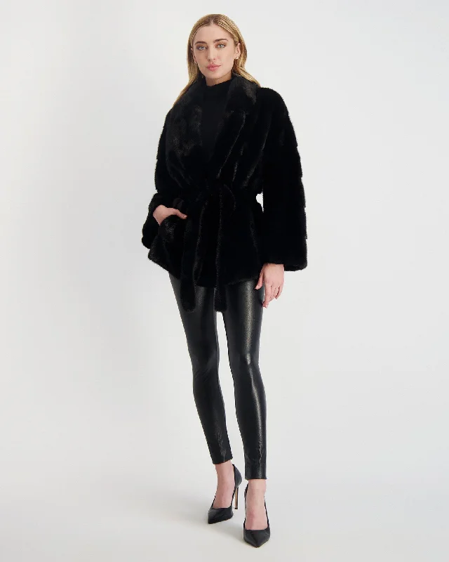 Mink Jacket with Leather Belt Ribbed T-Shirt High Neck Heavyweight