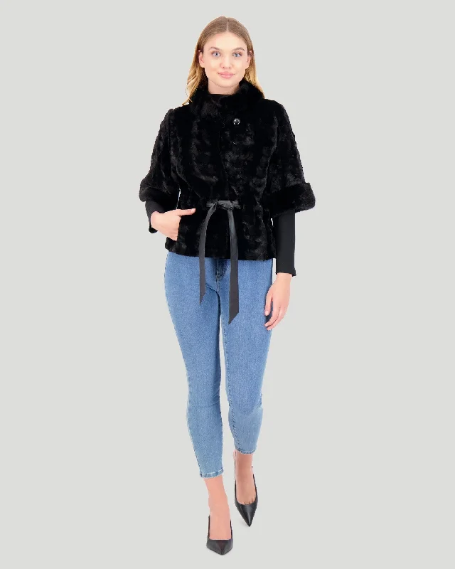 Mink Sections Jacket with Belt Embroidered Appliqued Beaded