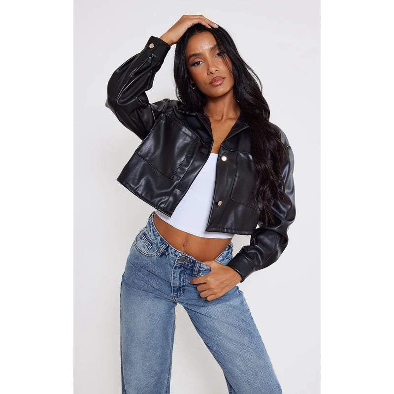 Oversized Cropped Black Leather Jacket Hooded Caped Shawl Collar