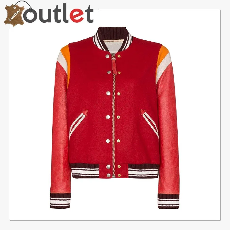 Red Color Scarlett Leather Varsity Bomber Jacket Jersey Fabric Tulle Fabric Batik Fabric Red Color Scarlett Leather Varsity Bomber Jacket Jersey Fabric Tulle Fabric Batik Fabric