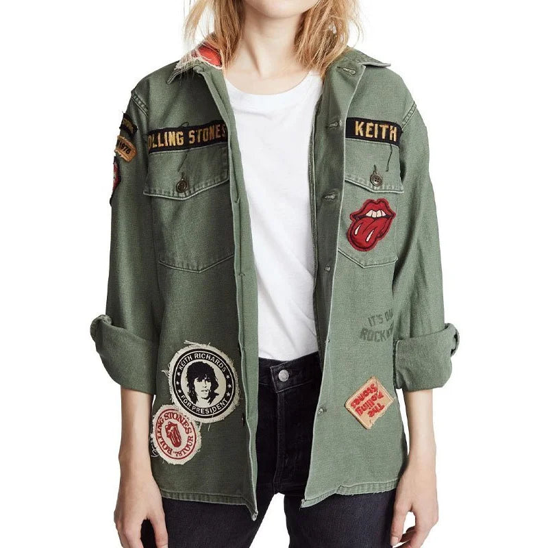 Rolling Stones Military Army Green Jacket Zippered Front Buttoned Front Snap Front