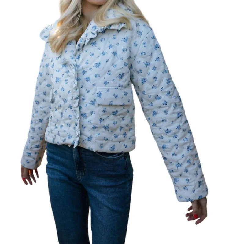Ruffle Floral Jacket In Ivory/blue Chenille Blend Fleece Blend Nylon Blend