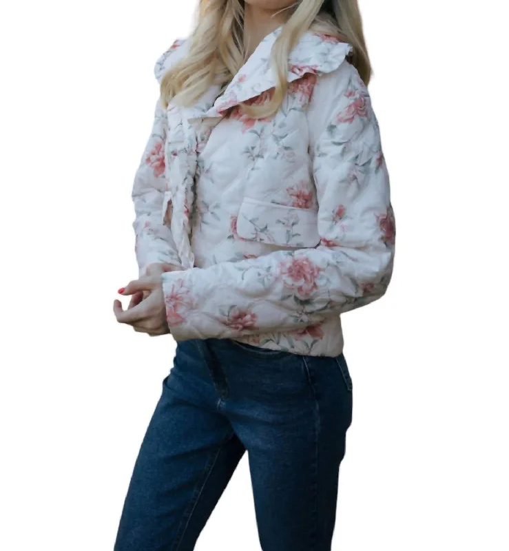 Ruffle Floral Jacket In White Casual Formal Business