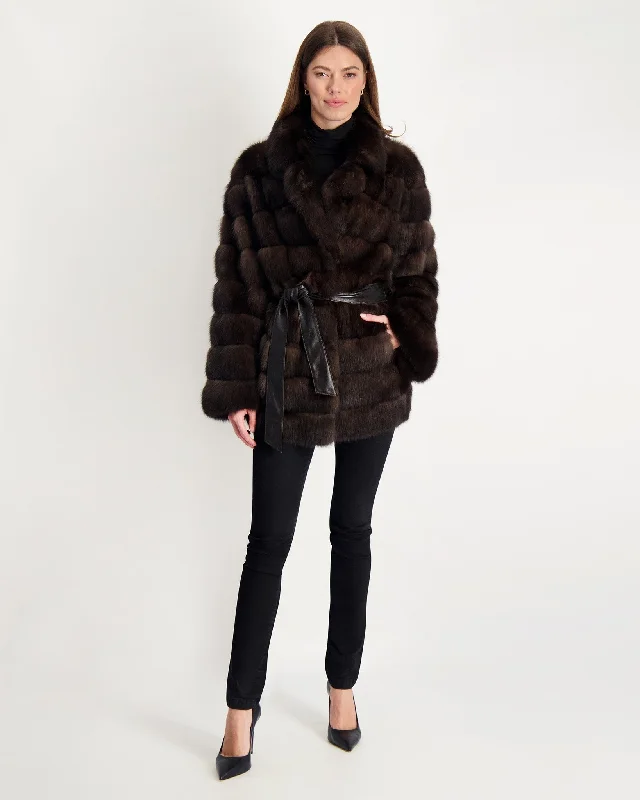 Sable Jacket with Leather Belt Notch Collar Peter Pan Collar Cowl Neck