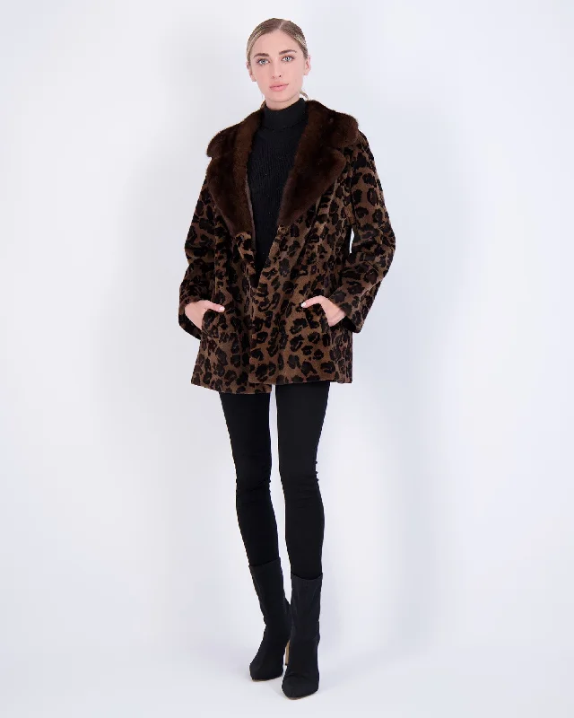 Sheared Mink Jacket with Belt Graphic Embroidered Appliqued