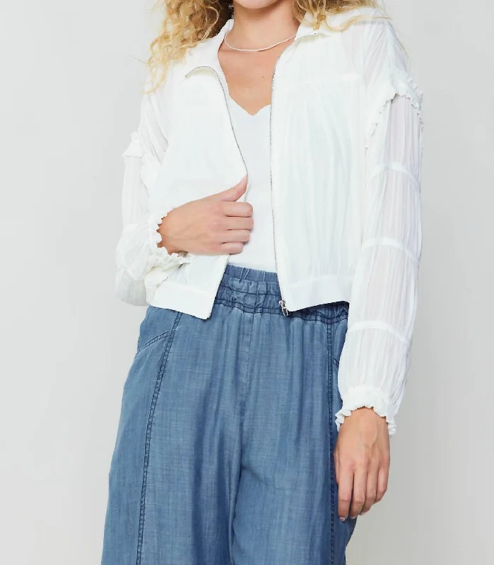Shirred Sleeve Jacket In Cream White Striped Floral Plaid