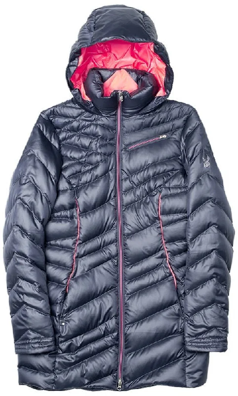 Spyder Timeless Long Down Jacket Hooded Coat - Womens Mesh Canvas Denim