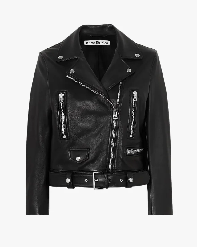 Cropped Leather Biker Jacket Front Pockets Side Pockets Patch Pockets
