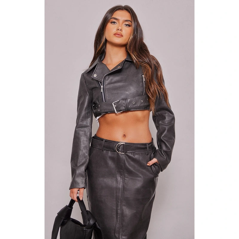 Super Cropped Distressed Belted Biker Jacket Cozy Warm Stylish