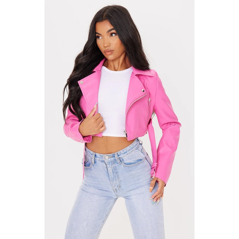 Super Cropped Belted Biker Pink Leather Jacket Fleece Fabric Down Fabric Feather Fabric Super Cropped Belted Biker Pink Leather Jacket Fleece Fabric Down Fabric Feather Fabric