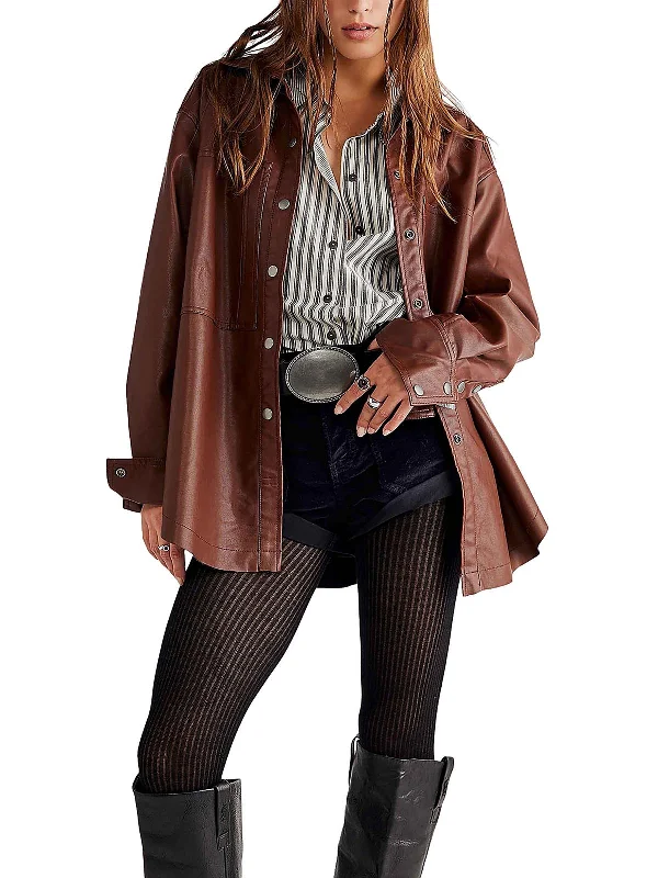 Womens Faux Leather Lightweight Shirt Jacket Striped Floral Plaid
