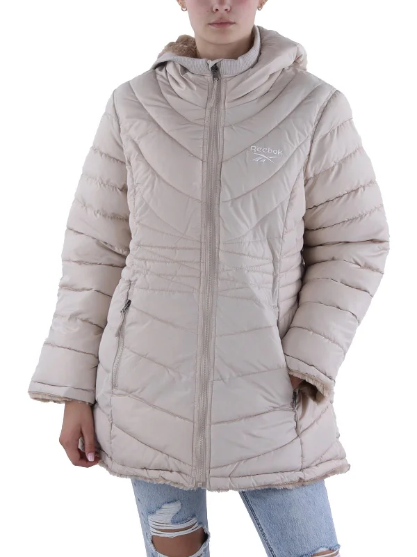Womens Insulated Faux Fur Lined Puffer Jacket Hooded Caped Shawl Collar