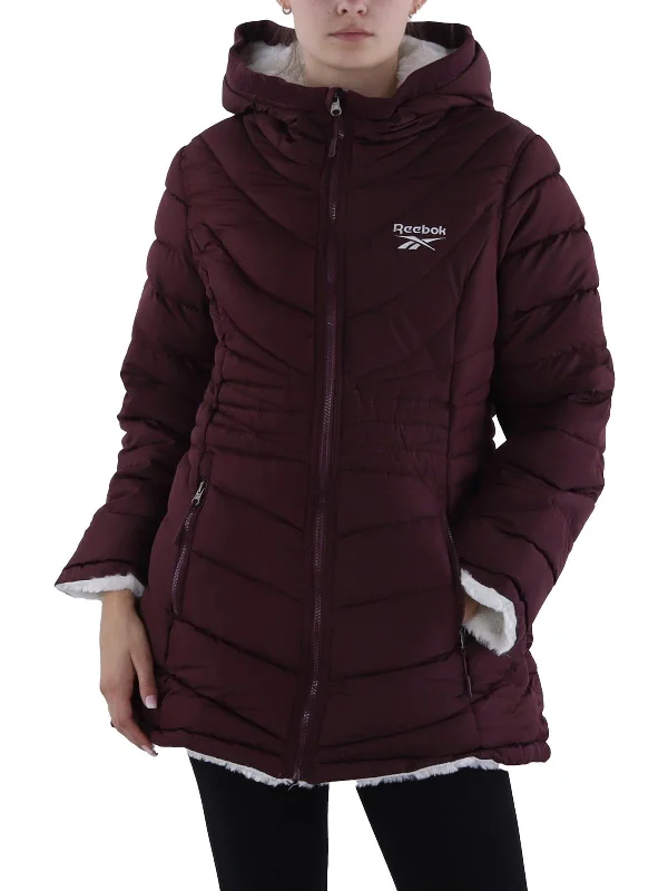 Womens Insulated Faux Fur Lined Puffer Jacket Collared T-Shirt Boat Neck A-Line