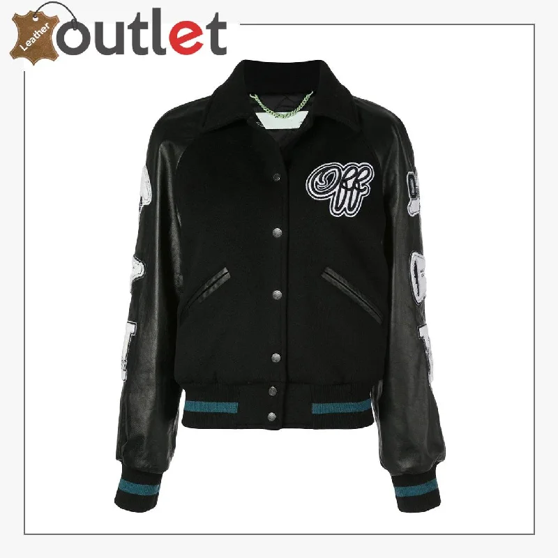 Womens Leather Varsity Inspired Bomber Jacket Beaded Sequined Faux Fur