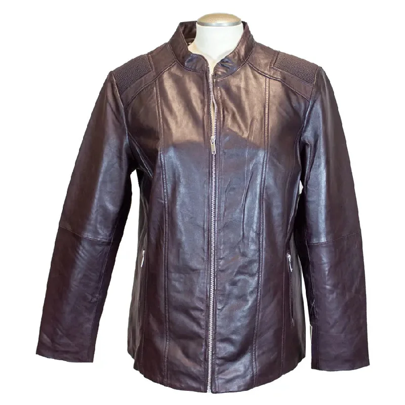 BOL Women's Paulina Ribbed Shoulder Leather Jacket Collared Crew Neck Turtle Neck