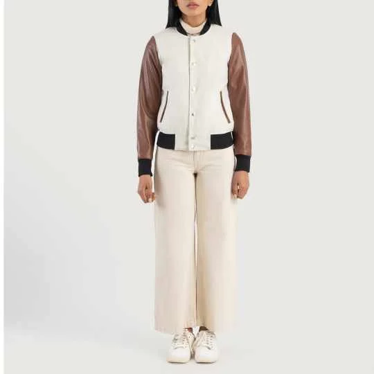 Womens White & Brown Varsity Jacket Sequined Glittery Shiny