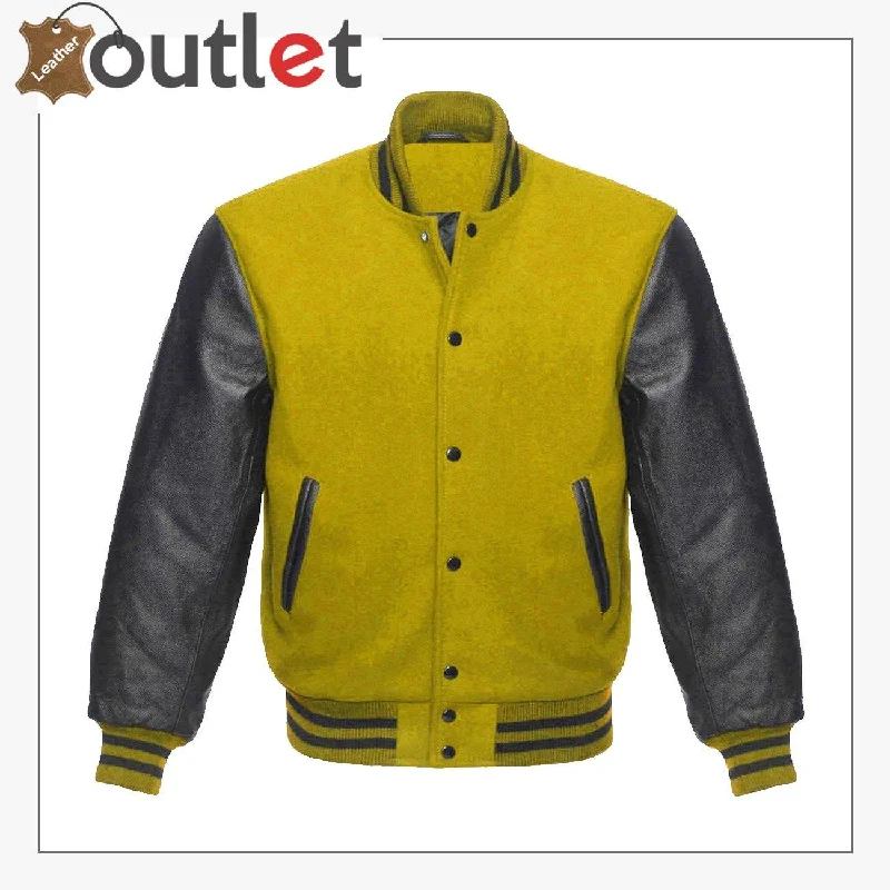 Wool & Leather Letterman Varsity Jacket for Womens Houndstooth Herringbone Solid