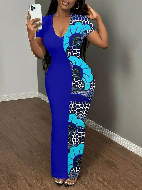 African Ethnic Patchwork Print Short Sleeve Bodycon Maxi Dress Comfortable Fitted Maxi Dress African Ethnic Patchwork Print Short Sleeve Bodycon Maxi Dress Comfortable Fitted Maxi Dress