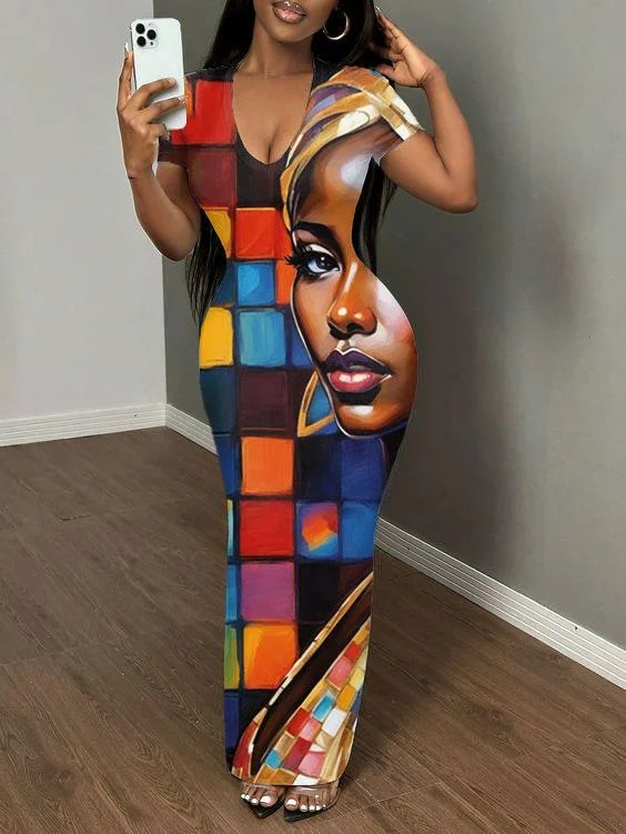 African Lady Colorblock Print Short Sleeve Bodycon Maxi Dress Fashionable Chiffon Tiered Maxi Dress African Lady Colorblock Print Short Sleeve Bodycon Maxi Dress Fashionable Chiffon Tiered Maxi Dress