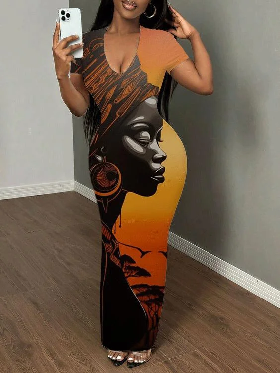 African Lady Print Short Sleeve Bodycon Maxi Dress Comfortable Satin Maxi Dress