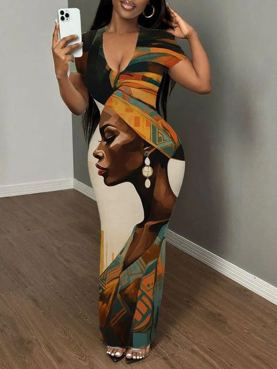 African Lady Printing Print Short Sleeve Bodycon Maxi Dress Fashionable Maxi Dress with Fringe African Lady Printing Print Short Sleeve Bodycon Maxi Dress Fashionable Maxi Dress with Fringe