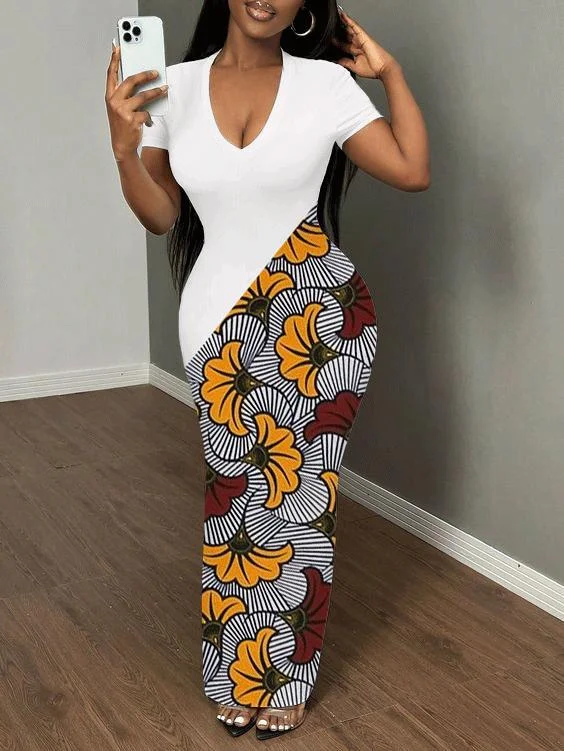 African Pattern Print Short Sleeve Bodycon Maxi Dress Trendy Satin Maxi Dress